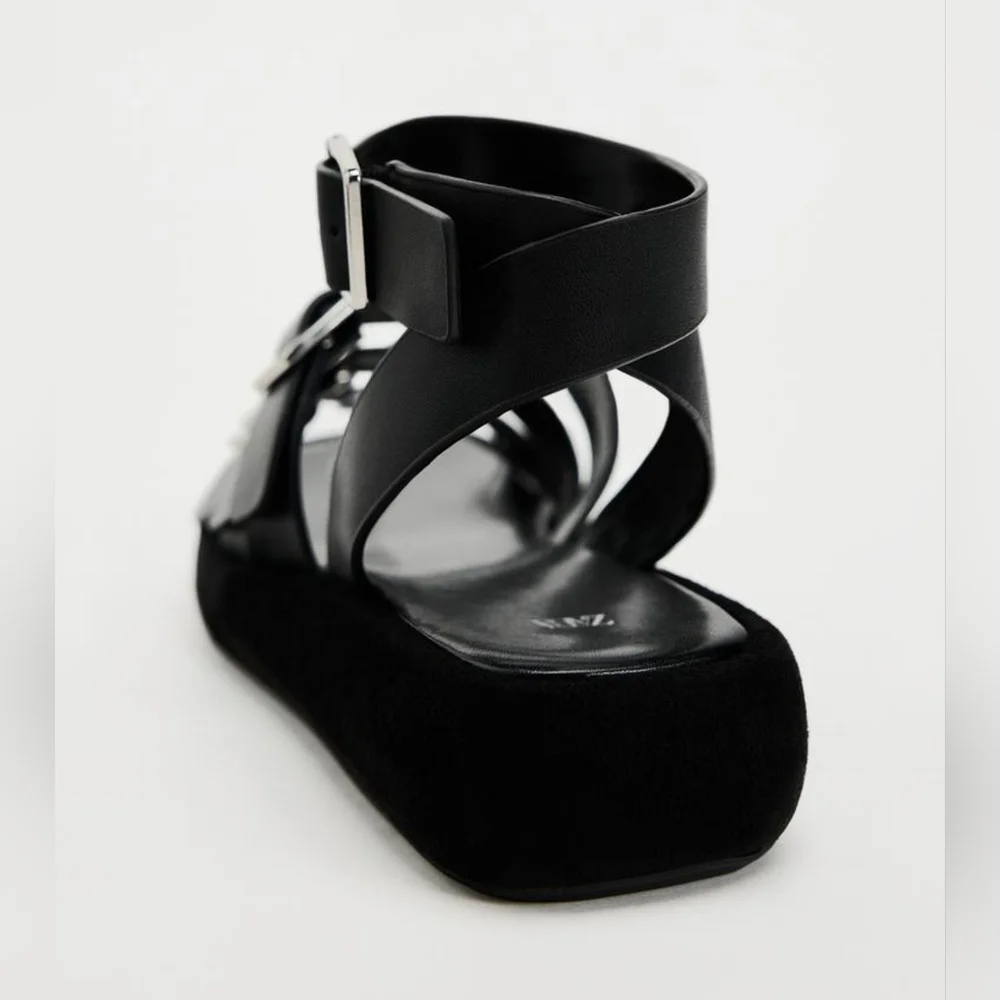 ZARA BUCKLED STRAP LEATHER PLATFORM SANDALS